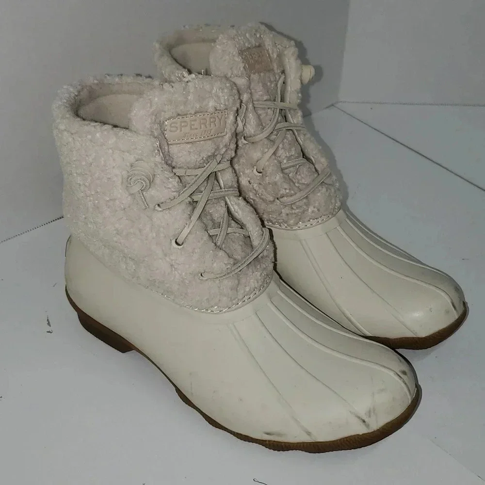 Sperry Cream Saltwater Sherpa Side Zip Women's Size 7